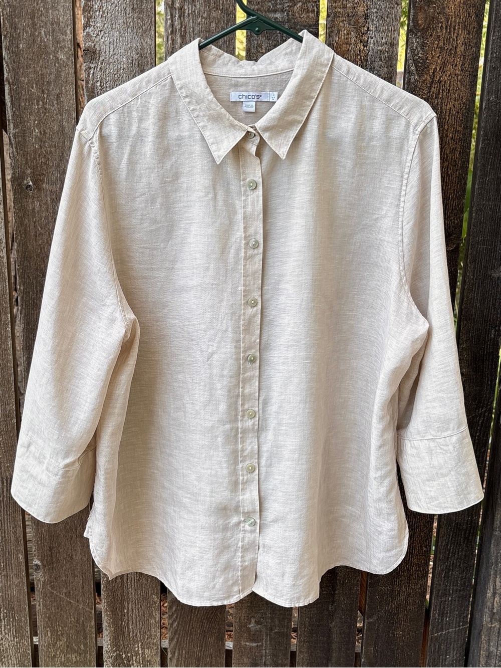 Chico’s 100% linen 3/4 Sleeve Button Down Top in Beige Sz 16/Chico’s 3